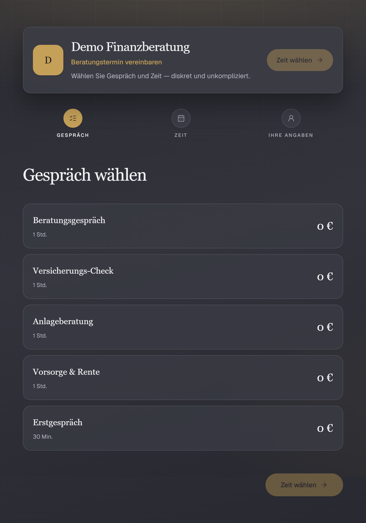 Öffentliche Buchungsseite hell/Salbei in Mandantenfarben